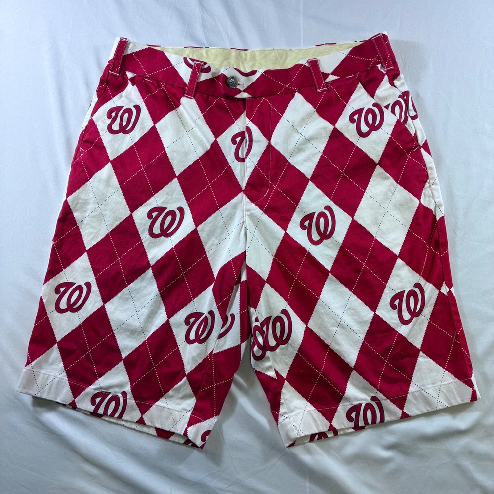 Loudmouth MLB Washington Nationals Argyle Golf Shorts Mens 32 Red White Logo
